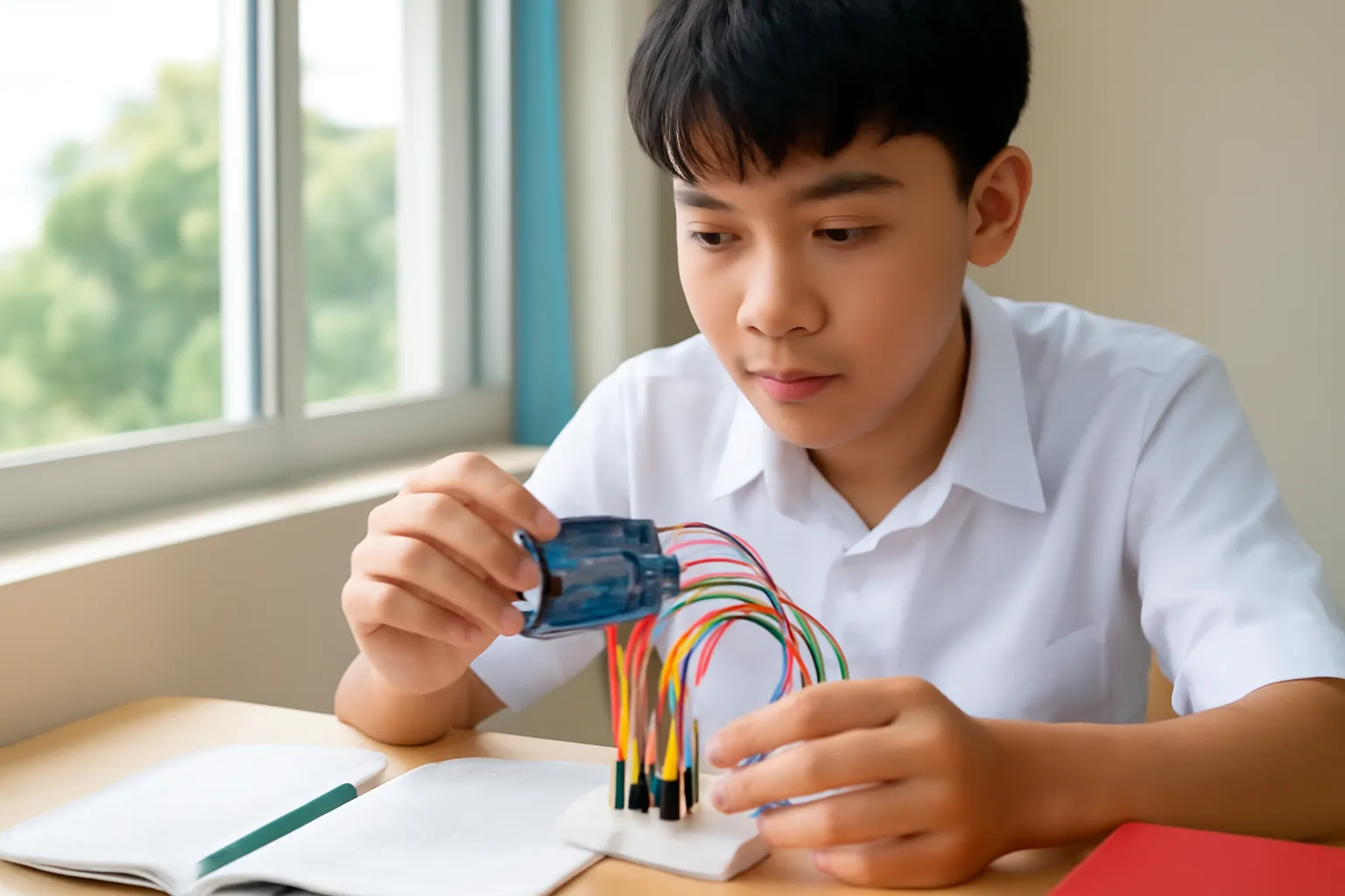 Cậu học sinh nhìn bo mạch xanh cắm dây màu trên bảng cắm thử