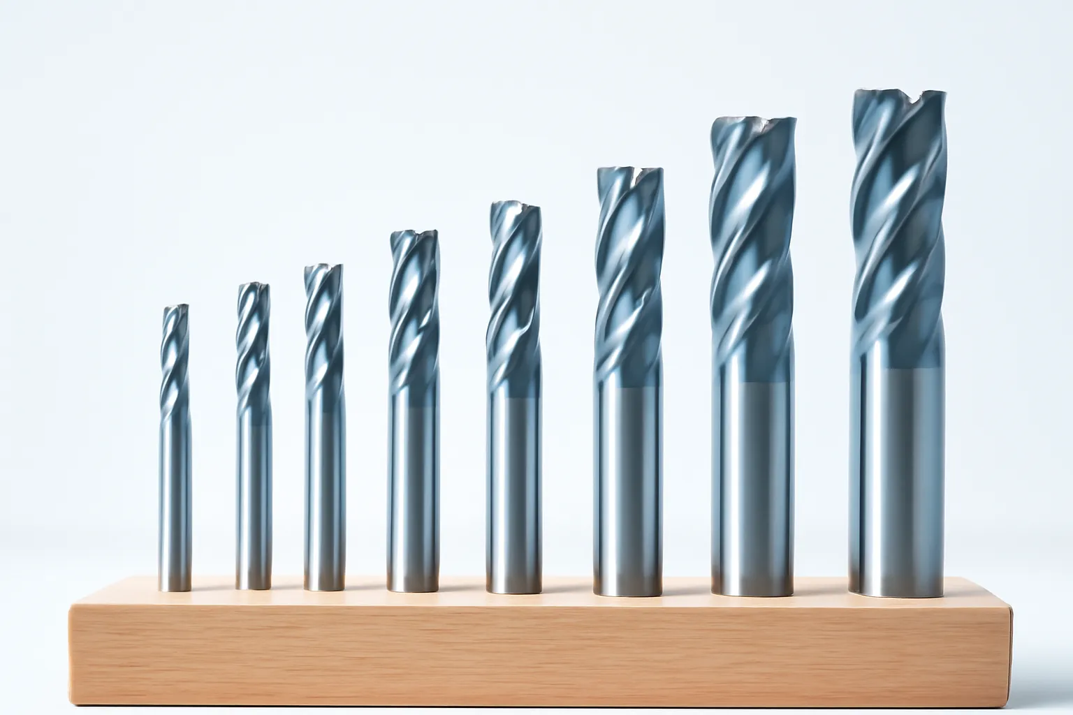Hàng dao phay carbide xếp trong hộp gỗ dưới ánh sáng lạnh