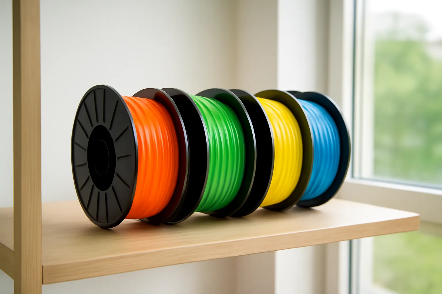 Bốn cuộn nhựa in 3D nhiều màu xếp trên kệ gỗ cạnh cửa sổ lớn