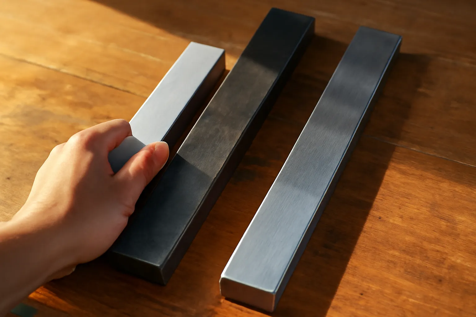 Bàn tay cầm thanh nhôm cạnh thanh thép và thanh inox trên bàn gỗ xưởng