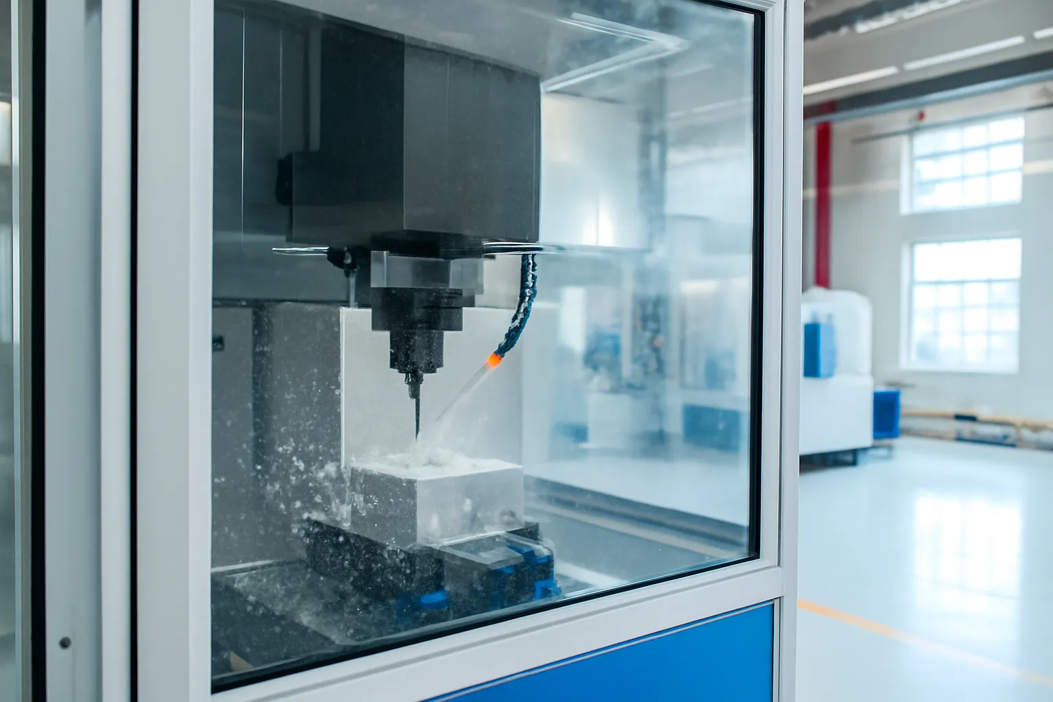 Máy phay CNC cửa kính đang cắt khối nhôm, dung dịch làm mát bắn ra