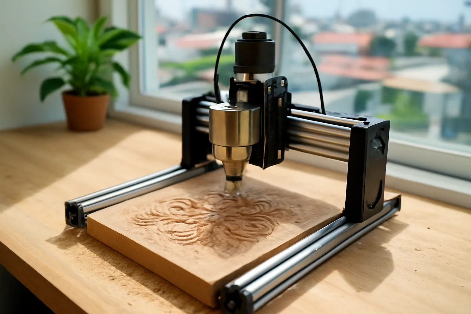 Máy CNC mini khắc hoa văn trên tấm gỗ sồi trong phòng tầng thượng