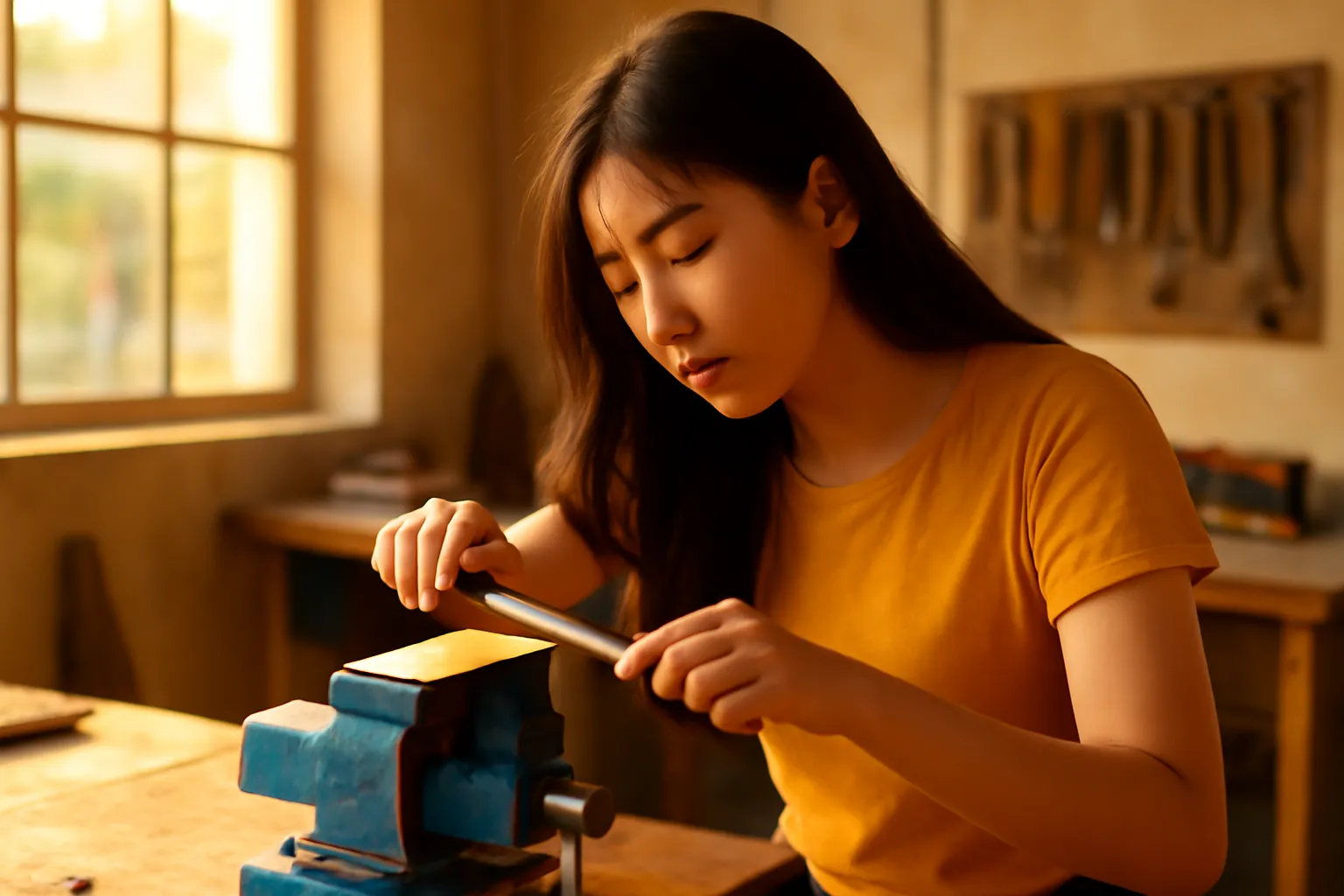 Cô gái trẻ dũa cạnh tấm đồng kẹp trong ê tô dưới nắng chiều