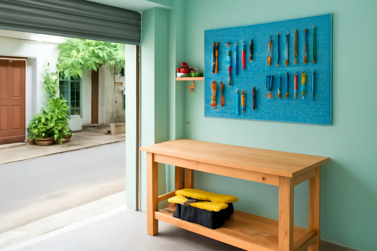Góc gara nhà phố thành xưởng nhỏ với bàn gỗ và bảng treo dụng cụ