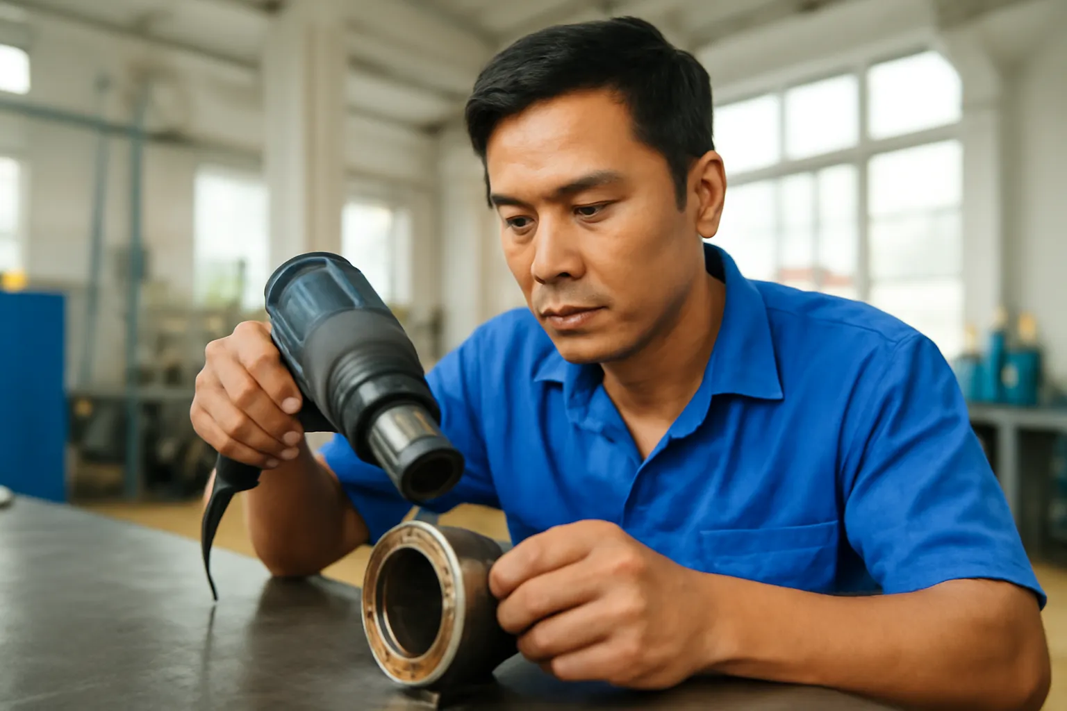 Anh thợ dùng máy khò nhiệt hơ ống bạc đồng trên bàn thép