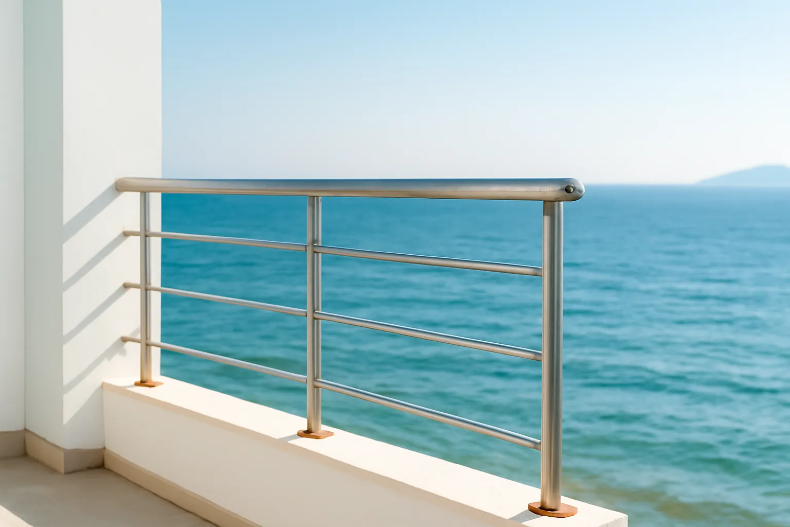 Lan can inox ở ban công nhà ven biển có vệt gỉ nhỏ ở chân trụ