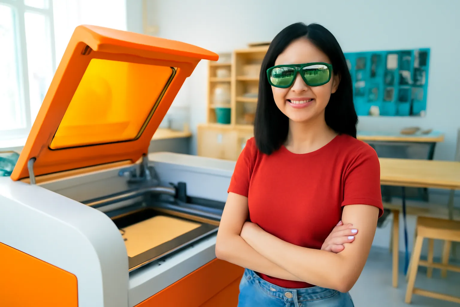 Chị trẻ đeo kính bảo hộ đứng cạnh máy laser nắp cam đang cắt tấm ván mỏng
