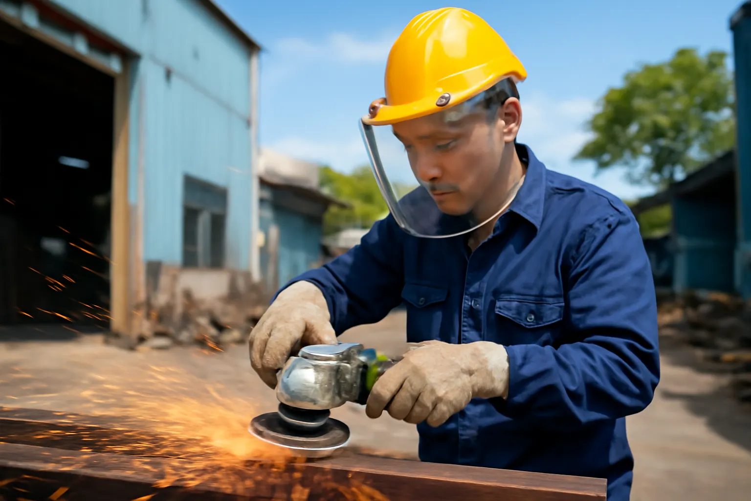 Anh thợ hai tay cầm máy mài có nắp che, tia lửa bắn xuống đất