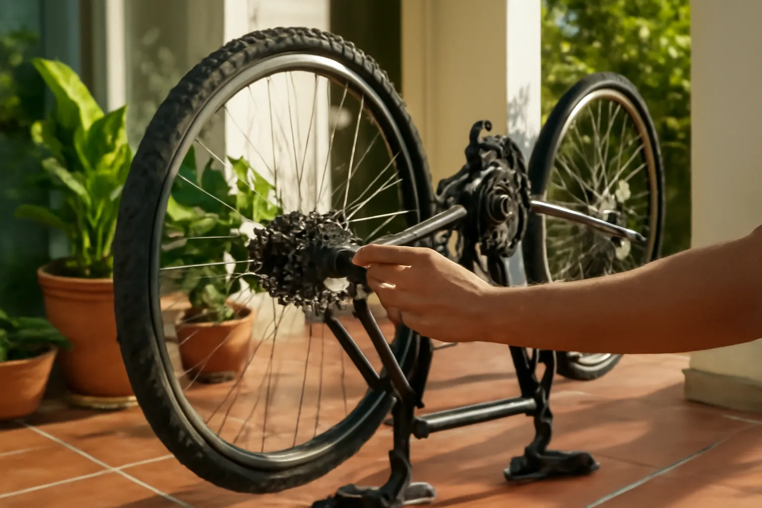 Xe đạp dựng ngược trên hiên nhà, bàn tay đổi líp