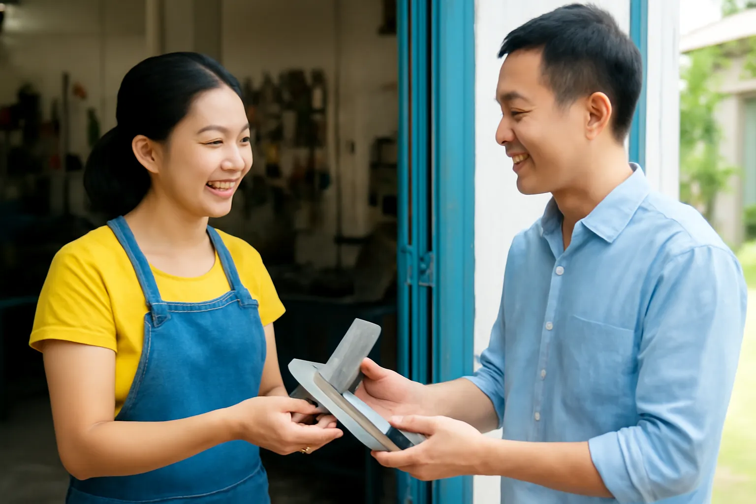 Chị chủ xưởng trao chi tiết thép đã sơn cho khách ở cửa xưởng
