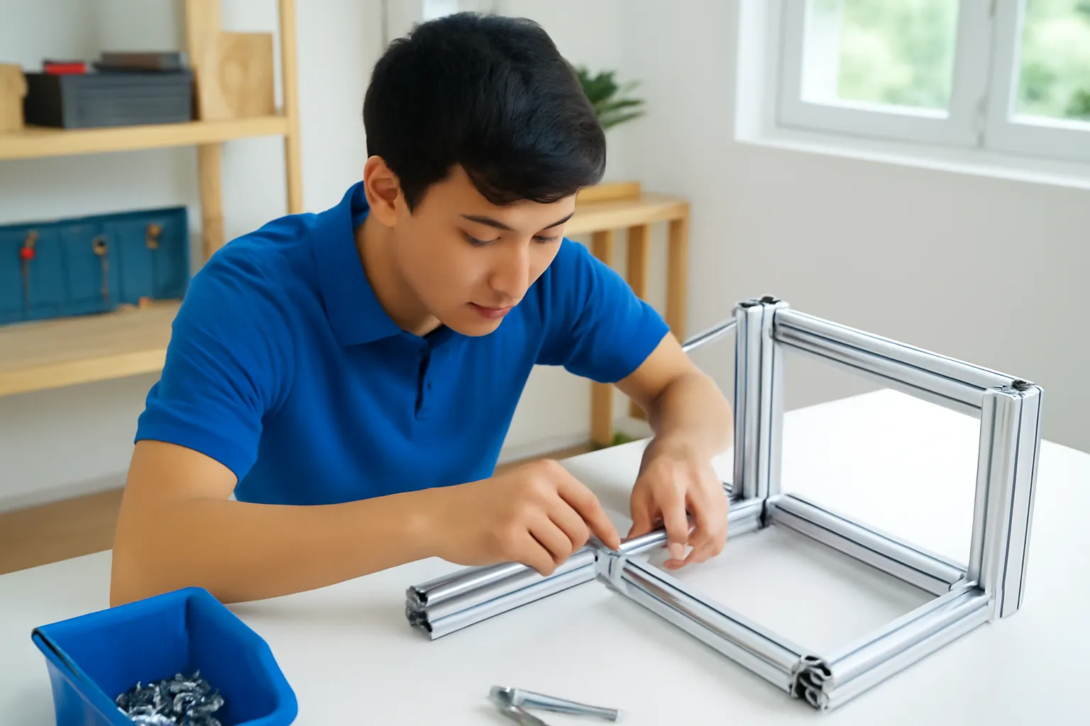 Anh thợ trẻ lắp khung nhôm định hình bằng khoá lục giác trên bàn trắng