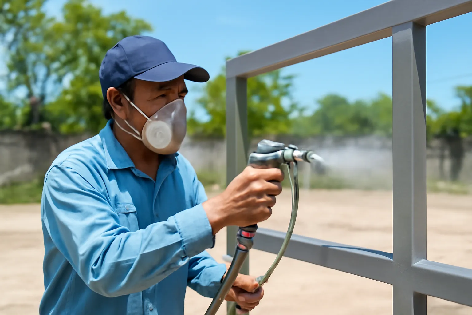 Người đeo mặt nạ phòng độc phun sơn lót xám lên khung sắt ngoài trời