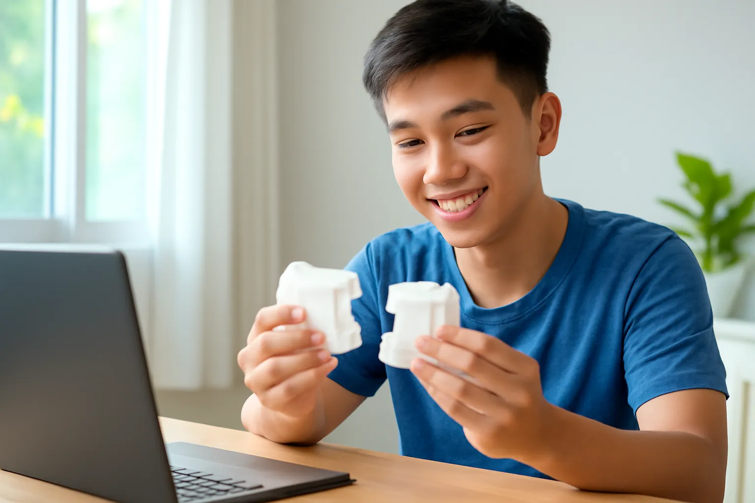 Anh sinh viên cầm hai chi tiết in 3D lắp khớp vào nhau bên bàn học
