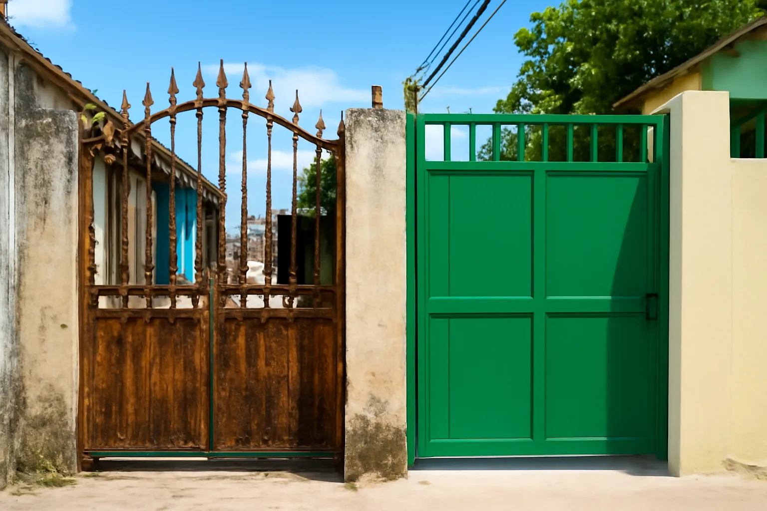 Cổng sắt cũ gỉ nâu cạnh cổng mới sơn xanh ở làng ven biển